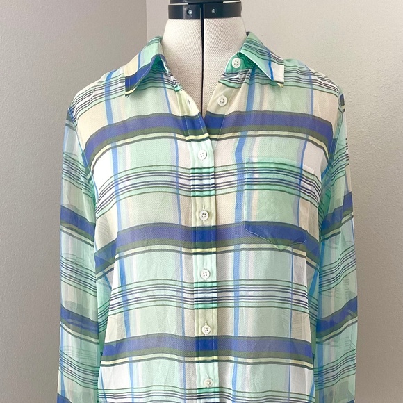 EQUIPMENT NWT WOMENS SP BUTTON-DOWN LONG SLEEVE SHEER TOP BLUE GREEN PLAID SILK - Picture 2 of 12